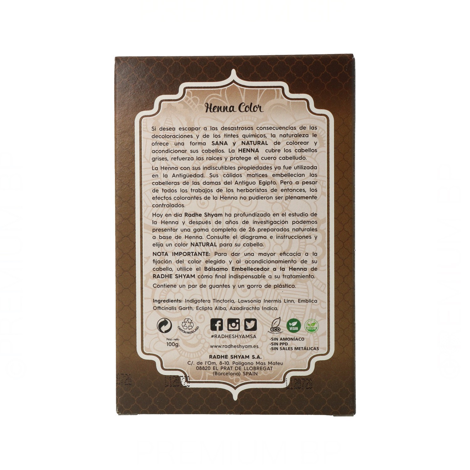 Radhe Shyam Henna Poeira Castanho Intenso 100G