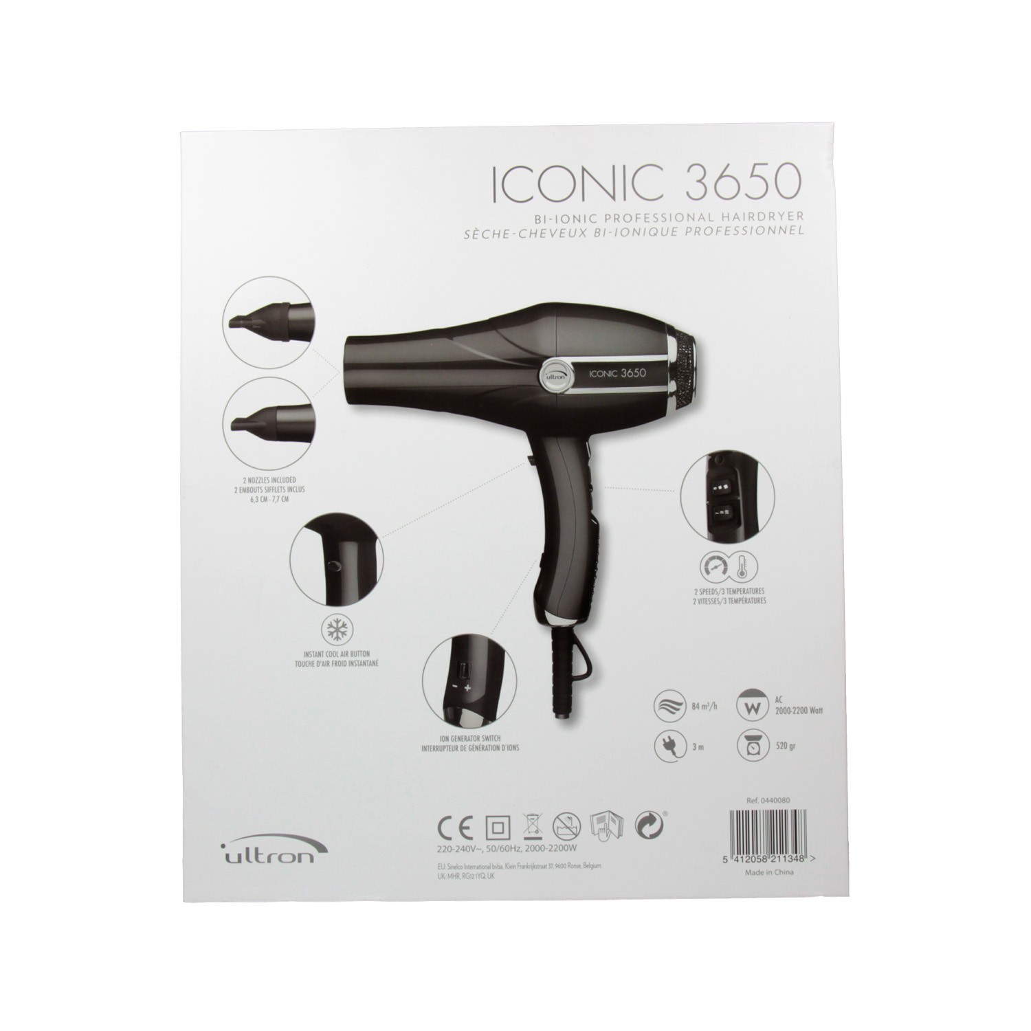 Sinelco Ultron Iconic 3650 Secador de Pelo Negro