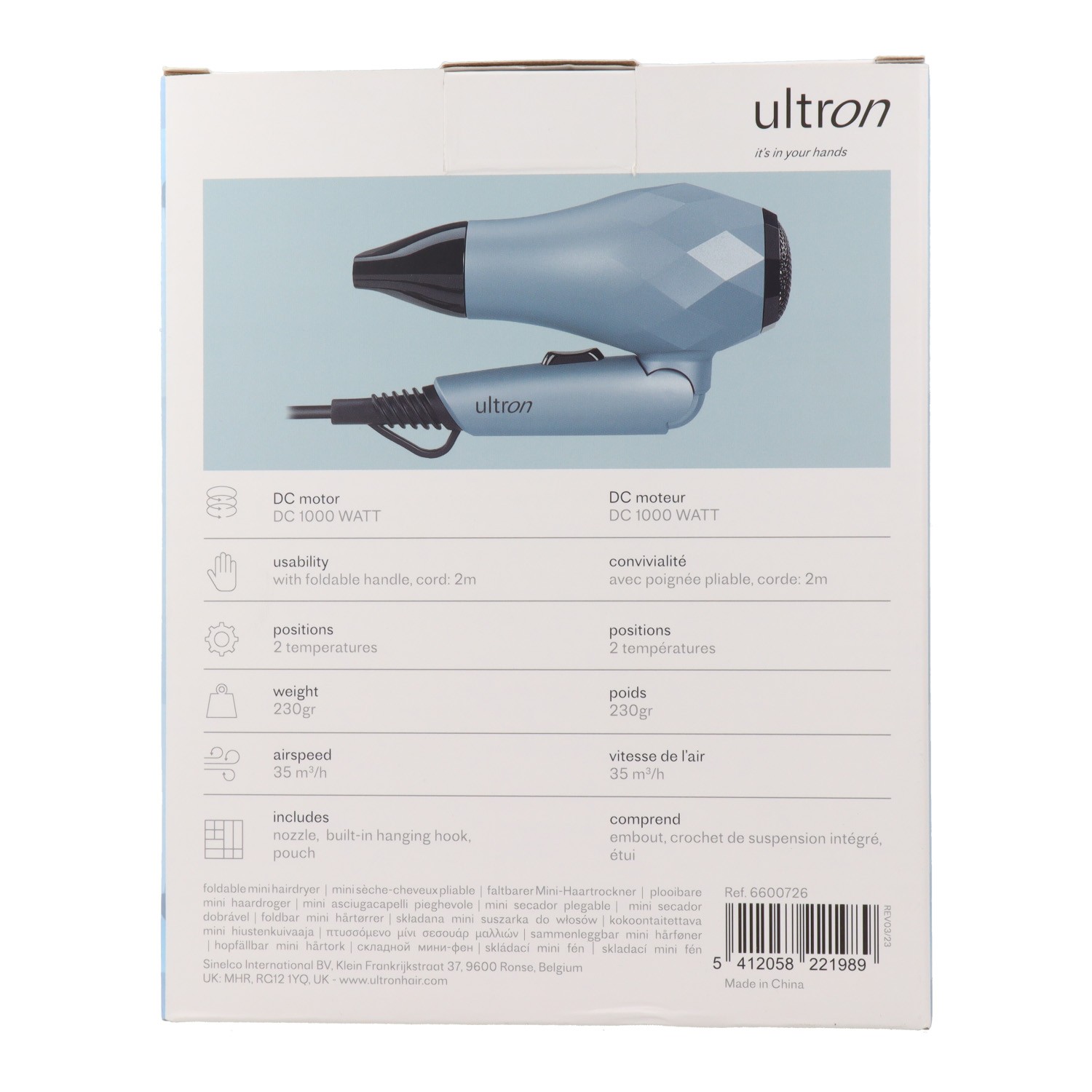 Sinelco Ultron Mini Secador Plegable Ice Blue