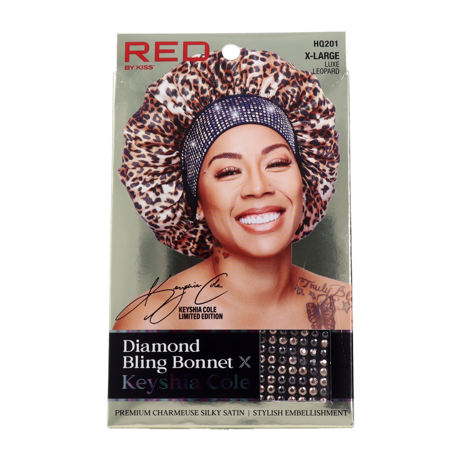 Red Kiss Diamond Bling Bonnet Xl Luxe Leopard Capa de cabello Satín