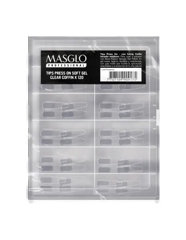 MASGLO TIPS PRESS ON SOFT GEL CLEAR COFFIN X120 UND